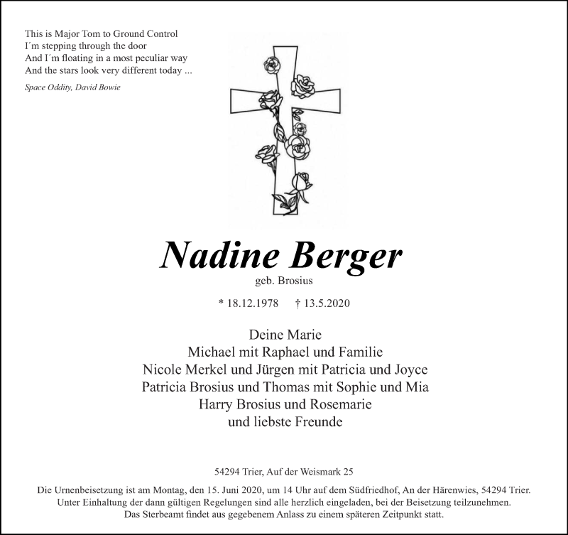  Traueranzeige für Nadine Berger vom 06.06.2020 aus trierischer_volksfreund