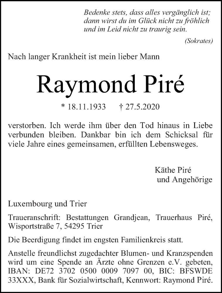  Traueranzeige für Raymond Pire vom 03.06.2020 aus trierischer_volksfreund