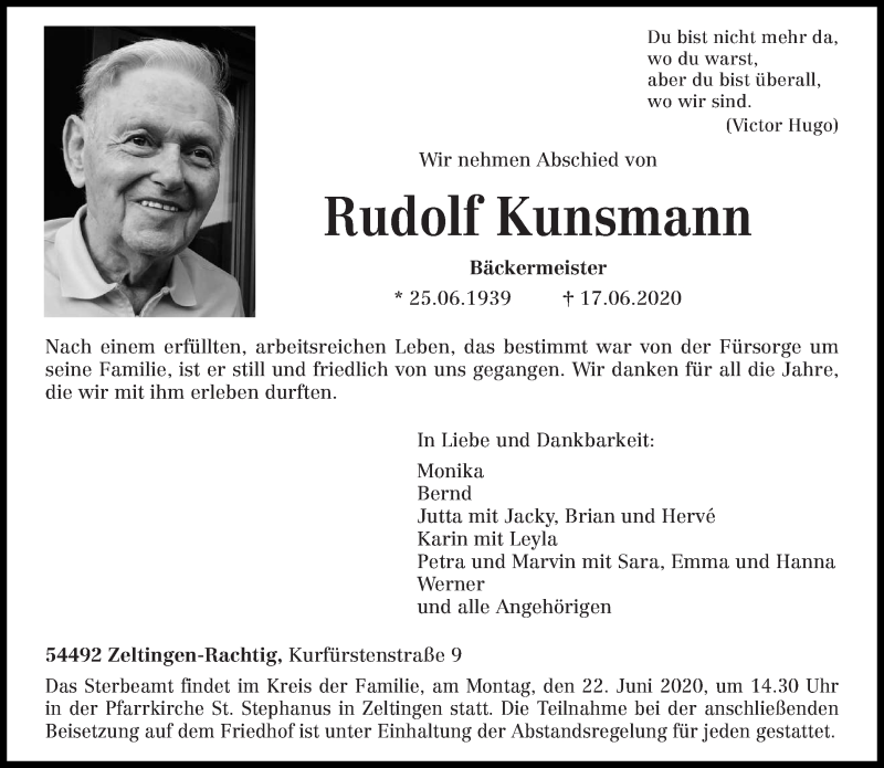  Traueranzeige für Rudolf Kunsmann vom 20.06.2020 aus trierischer_volksfreund