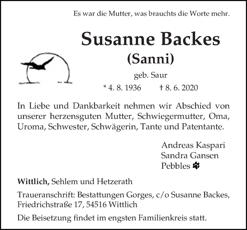  Traueranzeige für Susanne Backes vom 13.06.2020 aus trierischer_volksfreund