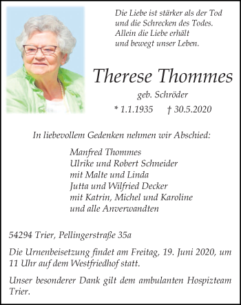 Traueranzeige von Therese Thommes von trierischer_volksfreund