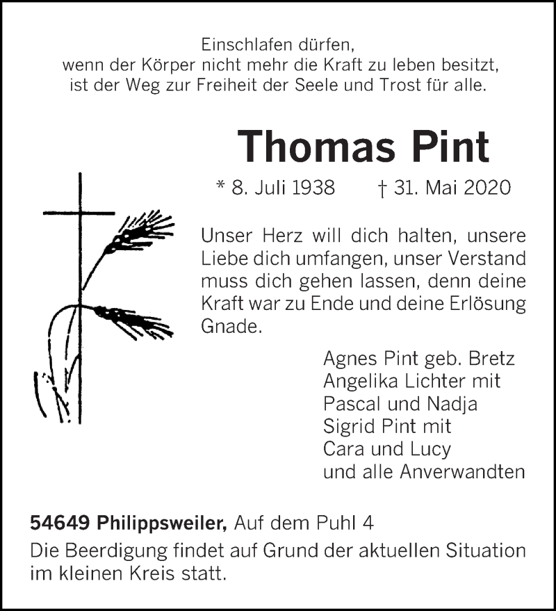  Traueranzeige für Thomas Pint vom 03.06.2020 aus trierischer_volksfreund