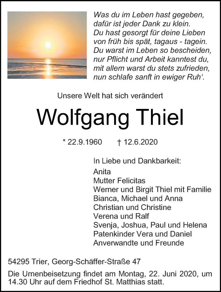  Traueranzeige für Wolfgang Thiel vom 17.06.2020 aus trierischer_volksfreund