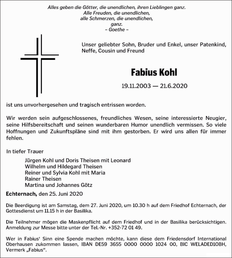  Traueranzeige für Fabius Kohl vom 25.06.2020 aus TRIERISCHER_VOLKSFREUND