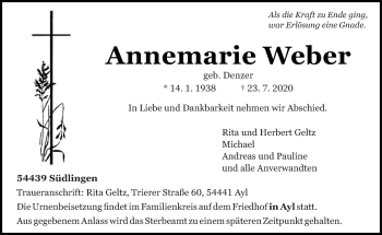 Traueranzeige von Annemarie Weber von trierischer_volksfreund
