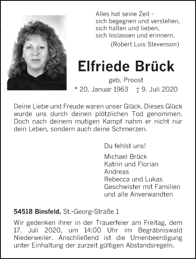  Traueranzeige für Elfriede Brück vom 11.07.2020 aus trierischer_volksfreund