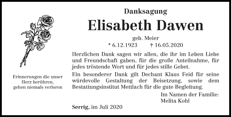  Traueranzeige für Elisabeth Dawen vom 04.07.2020 aus trierischer_volksfreund