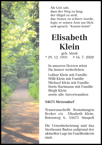 Traueranzeige von Elisabeth Klein von trierischer_volksfreund