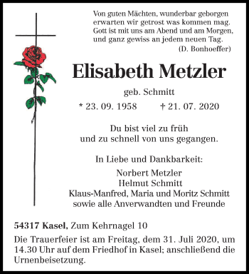 Traueranzeige von Elisabeth Metzler von trierischer_volksfreund
