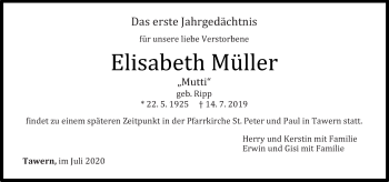 Traueranzeige von Elisabeth Müller von trierischer_volksfreund