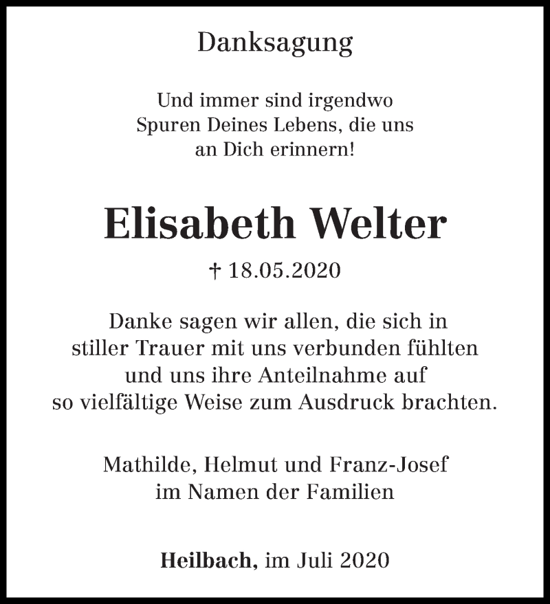  Traueranzeige für Elisabeth Welter vom 25.07.2020 aus trierischer_volksfreund