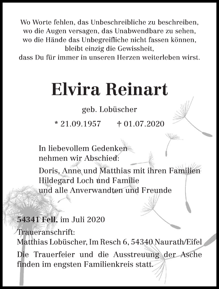  Traueranzeige für Elvira Reinart vom 10.07.2020 aus trierischer_volksfreund