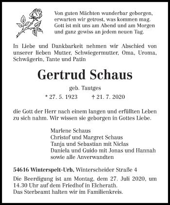 Traueranzeige von Gertrud Schaus von trierischer_volksfreund
