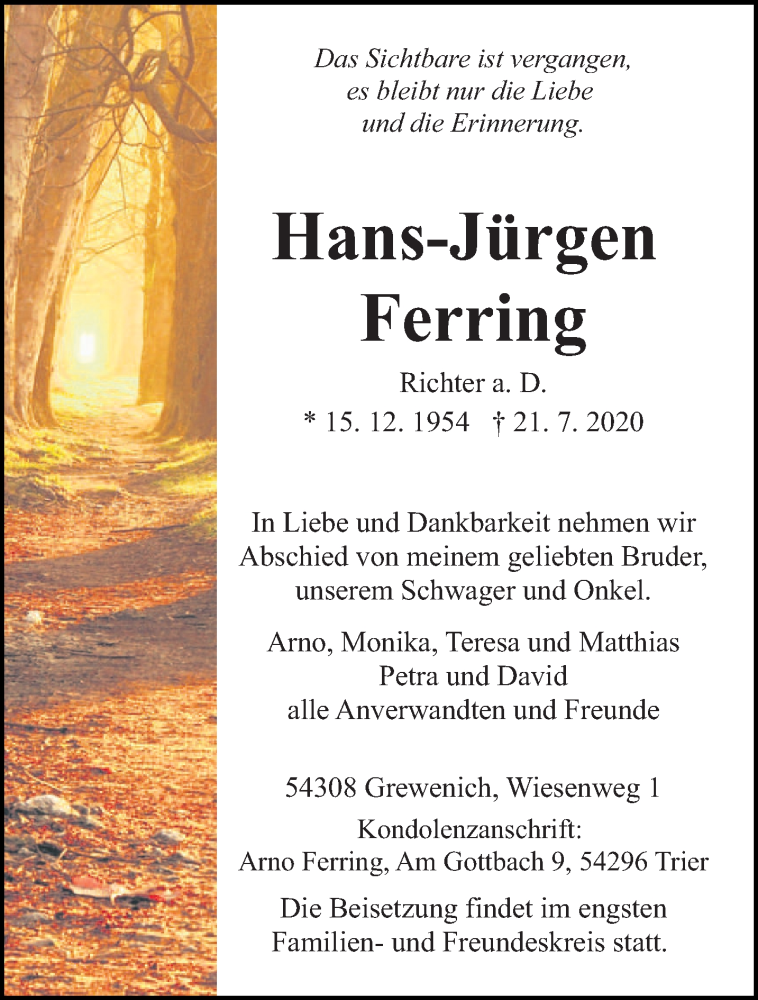 Traueranzeige für Hans-Jürgen Ferring vom 25.07.2020 aus trierischer_volksfreund