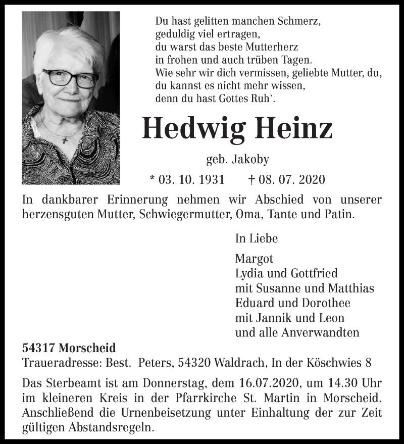  Traueranzeige für Hedwig Heinz vom 11.07.2020 aus trierischer_volksfreund