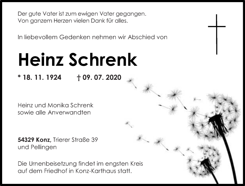  Traueranzeige für Heinz Schrenk vom 11.07.2020 aus trierischer_volksfreund