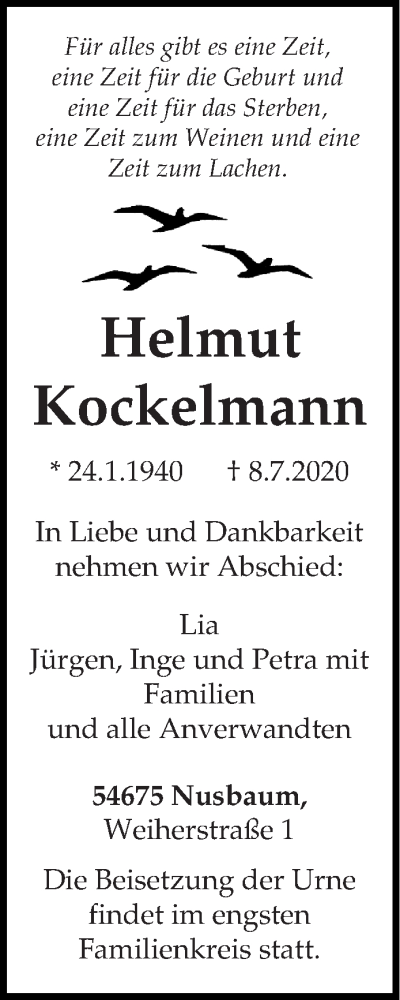  Traueranzeige für Helmut Kockelmann vom 11.07.2020 aus trierischer_volksfreund