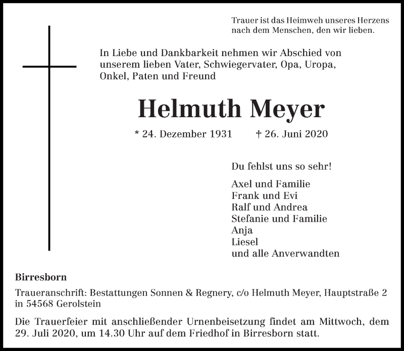  Traueranzeige für Helmuth Meyer vom 01.07.2020 aus trierischer_volksfreund