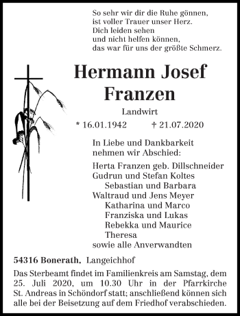 Traueranzeige von Hermann Josef Franzen von trierischer_volksfreund