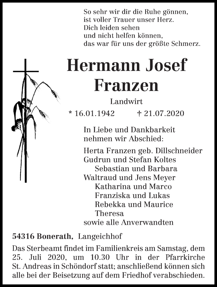  Traueranzeige für Hermann Josef Franzen vom 23.07.2020 aus trierischer_volksfreund