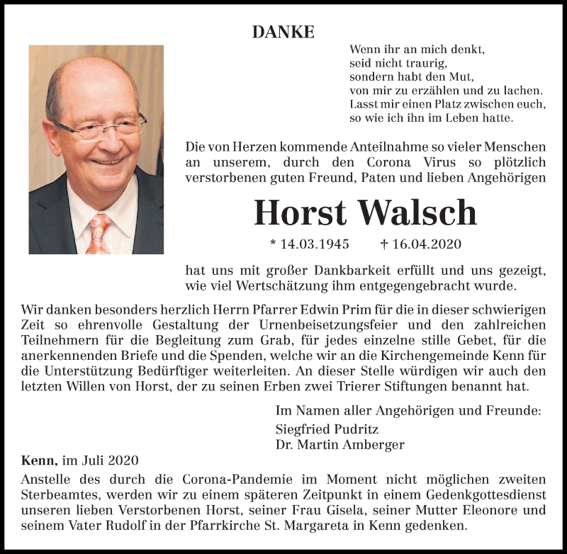  Traueranzeige für Horst Walsch vom 11.07.2020 aus trierischer_volksfreund