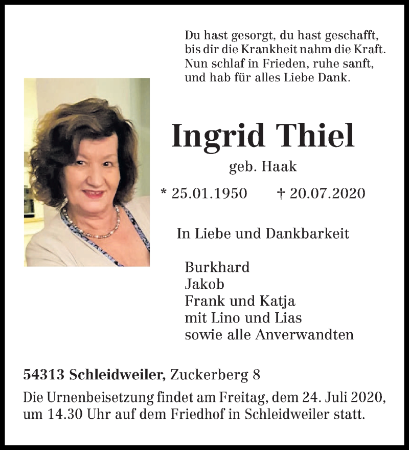  Traueranzeige für Ingrid Thiel vom 22.07.2020 aus trierischer_volksfreund