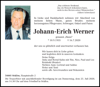 Traueranzeige von Johann-Erich Werner von trierischer_volksfreund