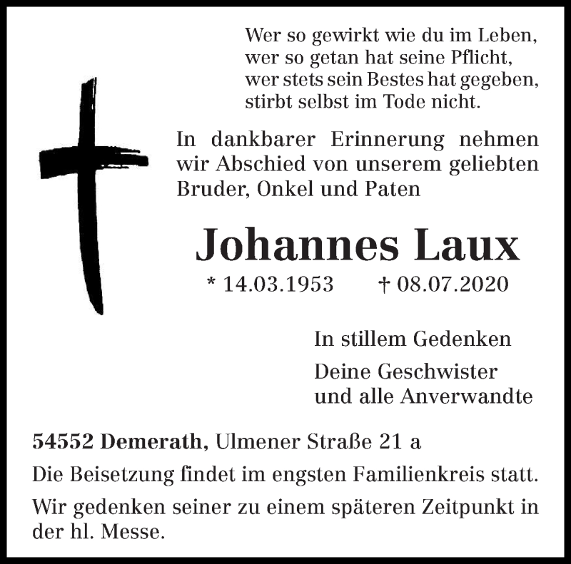  Traueranzeige für Johannes Laux vom 11.07.2020 aus trierischer_volksfreund
