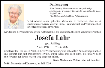 Traueranzeige von Josefa Lahr von trierischer_volksfreund