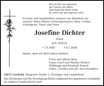 Traueranzeige von Josefine Dichter von trierischer_volksfreund