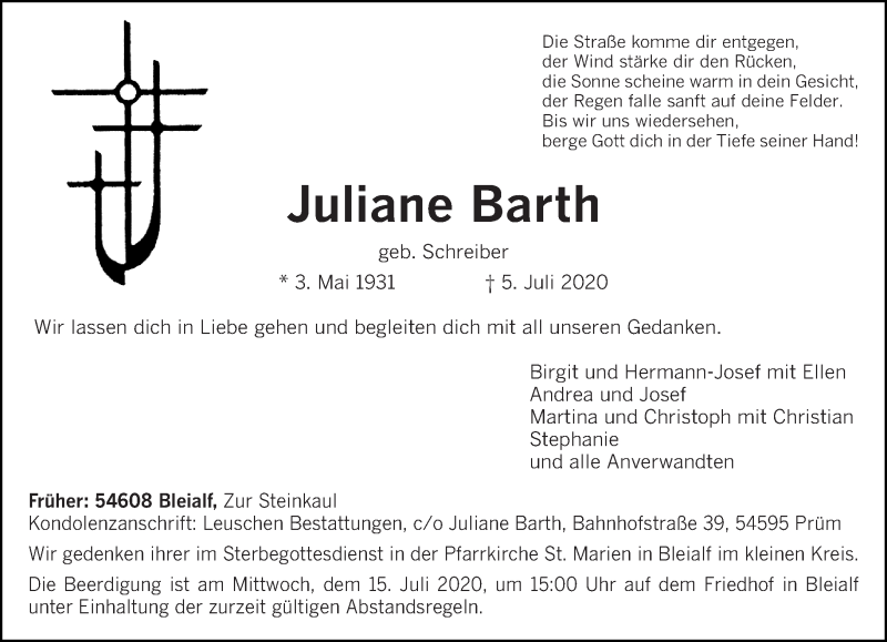  Traueranzeige für Juliane Barth vom 10.07.2020 aus trierischer_volksfreund