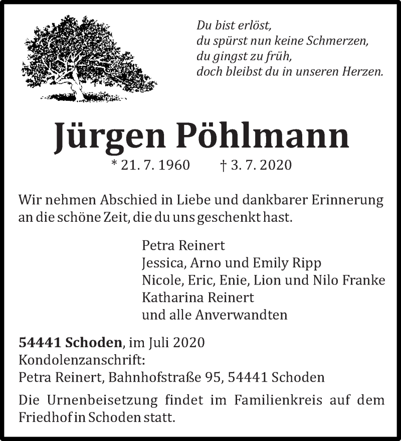  Traueranzeige für Jürgen Pöhlmann vom 08.07.2020 aus trierischer_volksfreund