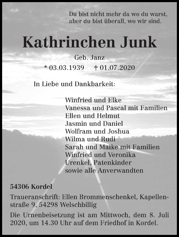  Traueranzeige für Kathrinchen Junk vom 04.07.2020 aus trierischer_volksfreund