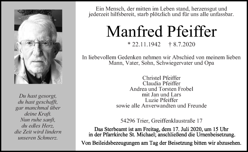  Traueranzeige für Manfred Pfeiffer vom 11.07.2020 aus trierischer_volksfreund