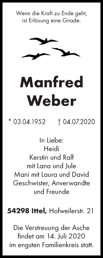 Traueranzeige von Manfred Weber von trierischer_volksfreund