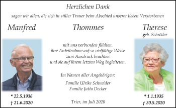 Traueranzeige von Manfred und Therese Thommes von trierischer_volksfreund