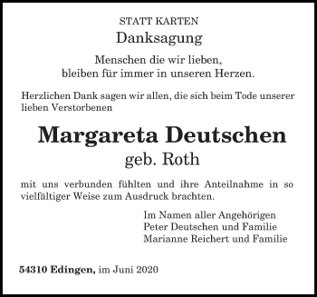Traueranzeige von Margareta Deutschen von trierischer_volksfreund