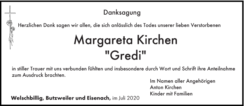 Traueranzeige für Margareta Kirchen vom 23.07.2020 aus trierischer_volksfreund