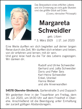Traueranzeige von Margareta Schweidler von trierischer_volksfreund
