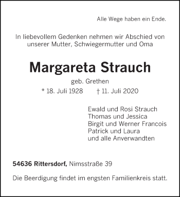 Traueranzeige von Margareta Strauch von trierischer_volksfreund