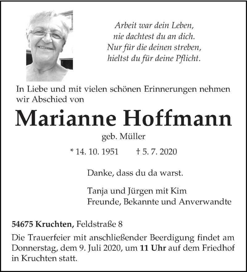  Traueranzeige für Marianne Hoffmann vom 07.07.2020 aus trierischer_volksfreund