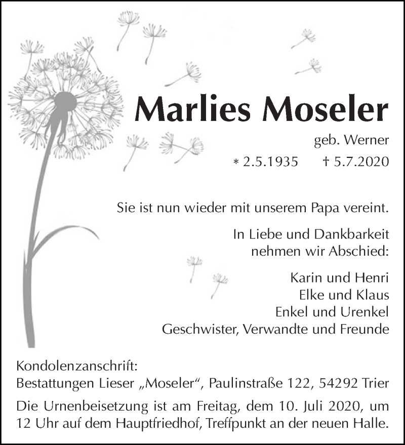  Traueranzeige für Marlies Moseler vom 07.07.2020 aus trierischer_volksfreund