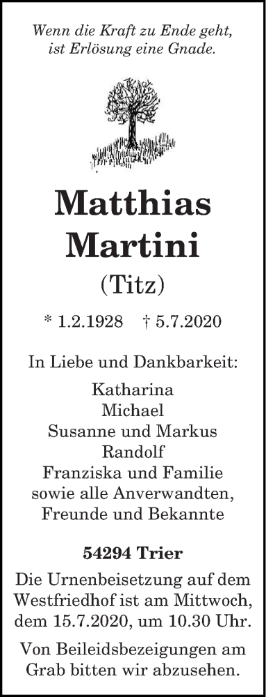  Traueranzeige für Matthias Martini vom 11.07.2020 aus trierischer_volksfreund