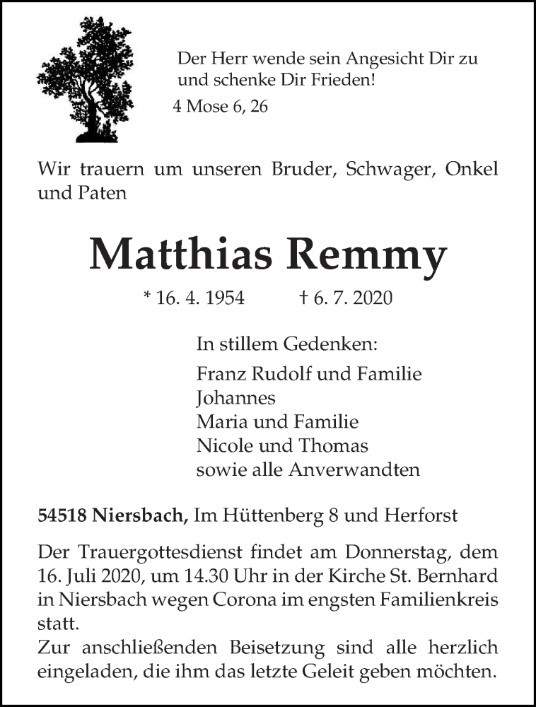  Traueranzeige für Matthias Remmy vom 11.07.2020 aus trierischer_volksfreund