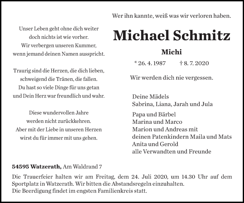  Traueranzeige für Michael Schmitz vom 21.07.2020 aus trierischer_volksfreund