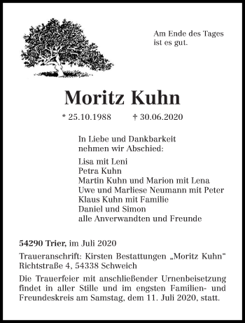 Traueranzeige von Moritz Kuhn von trierischer_volksfreund