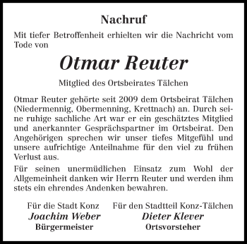 Traueranzeige von Otmar Reuter von trierischer_volksfreund