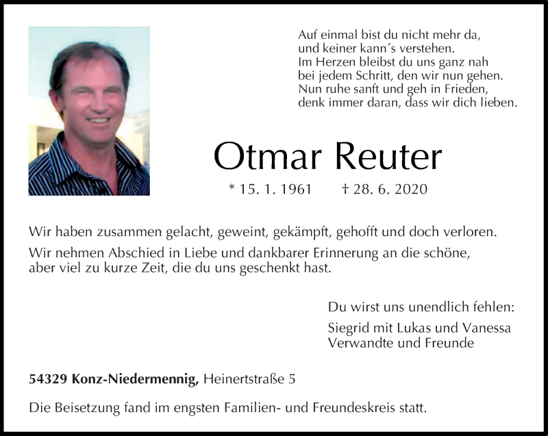  Traueranzeige für Otmar Reuter vom 04.07.2020 aus trierischer_volksfreund