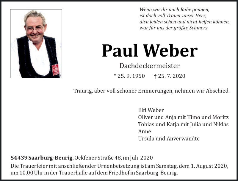  Traueranzeige für Paul Weber vom 28.07.2020 aus trierischer_volksfreund