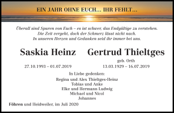 Traueranzeige von Saskia und Gertrud Heinz und Thieltges von trierischer_volksfreund